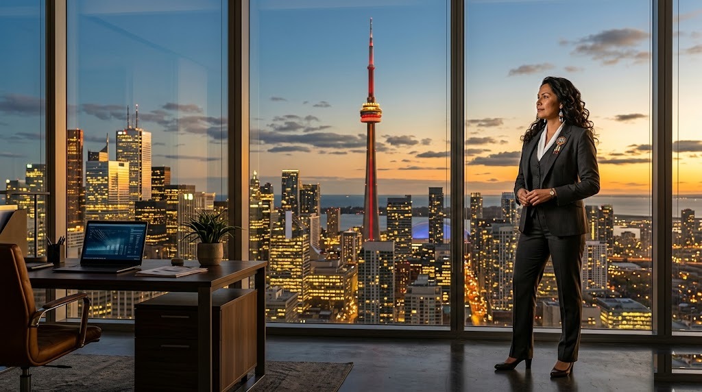 Professional woman at floor-to-ceiling window overlooking Toronto skyline at dusk