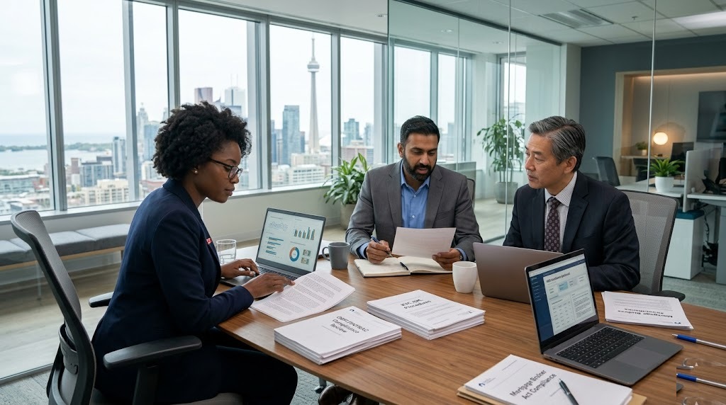 Diverse compliance team in a meeting reviewing AML program documentation