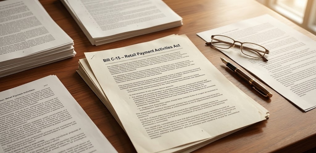 Legal documents spread across a desk with a Bill C-15 Retail Payment Activities Act title visible