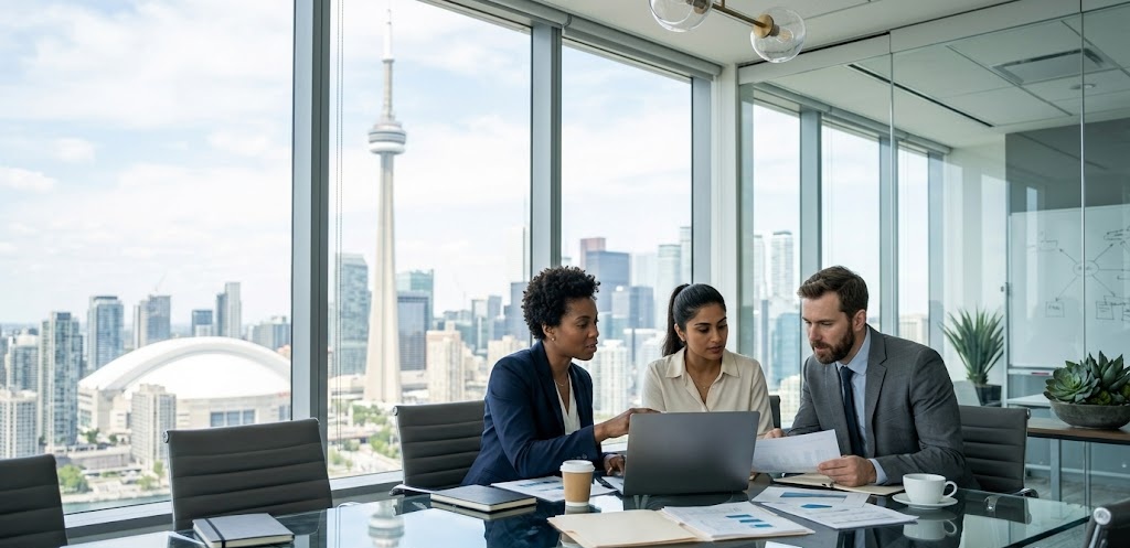 Three professionals at a glass boardroom table reviewing documents with the Toronto skyline visible through a window