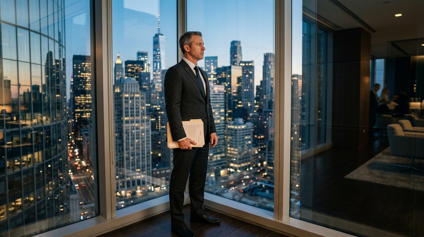 Compliance officer looking out over a US financial district skyline at dusk