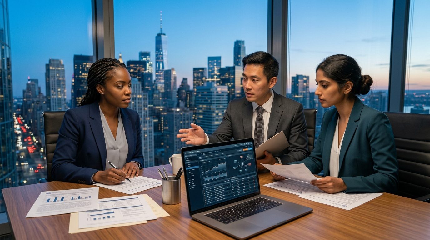 Three financial compliance analysts reviewing reports together in a boardroom