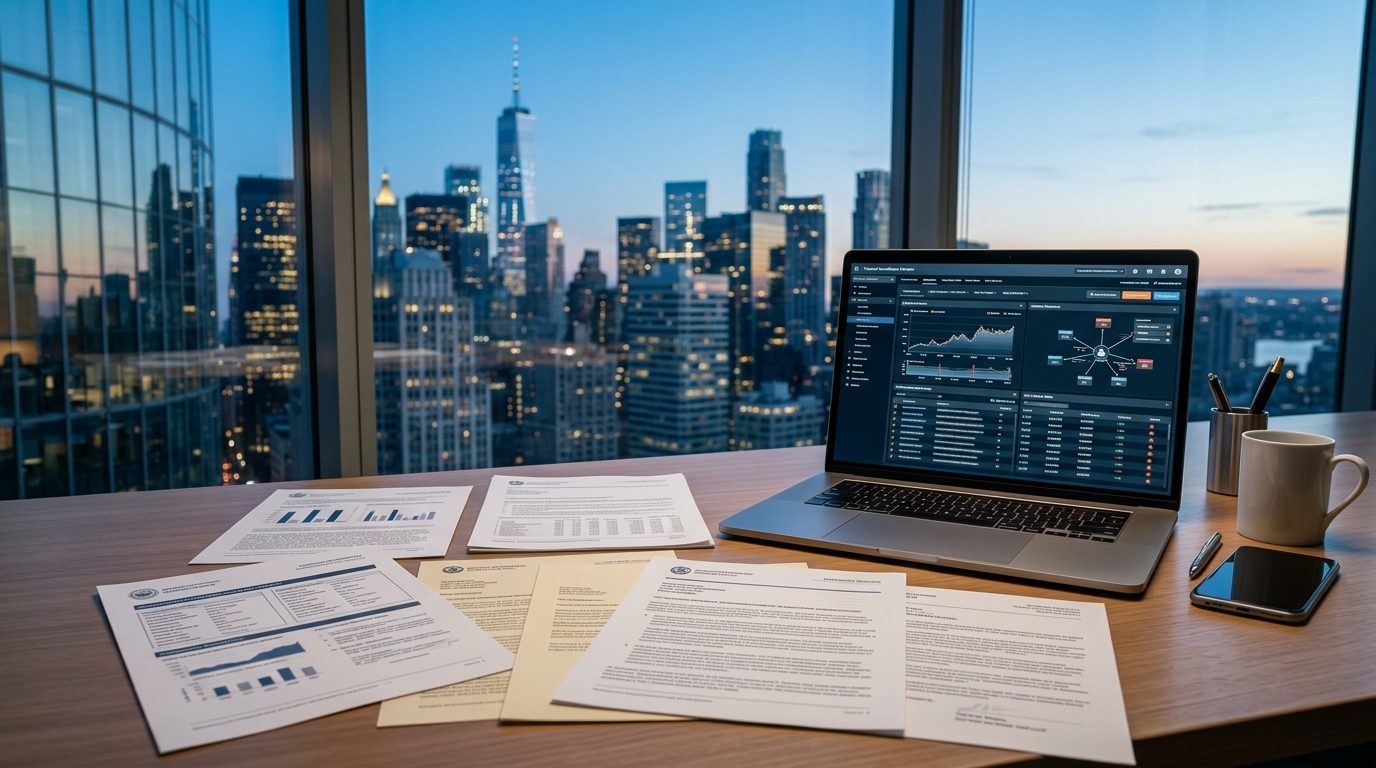Transaction monitoring alert reports and regulatory notices on a desk beside a laptop