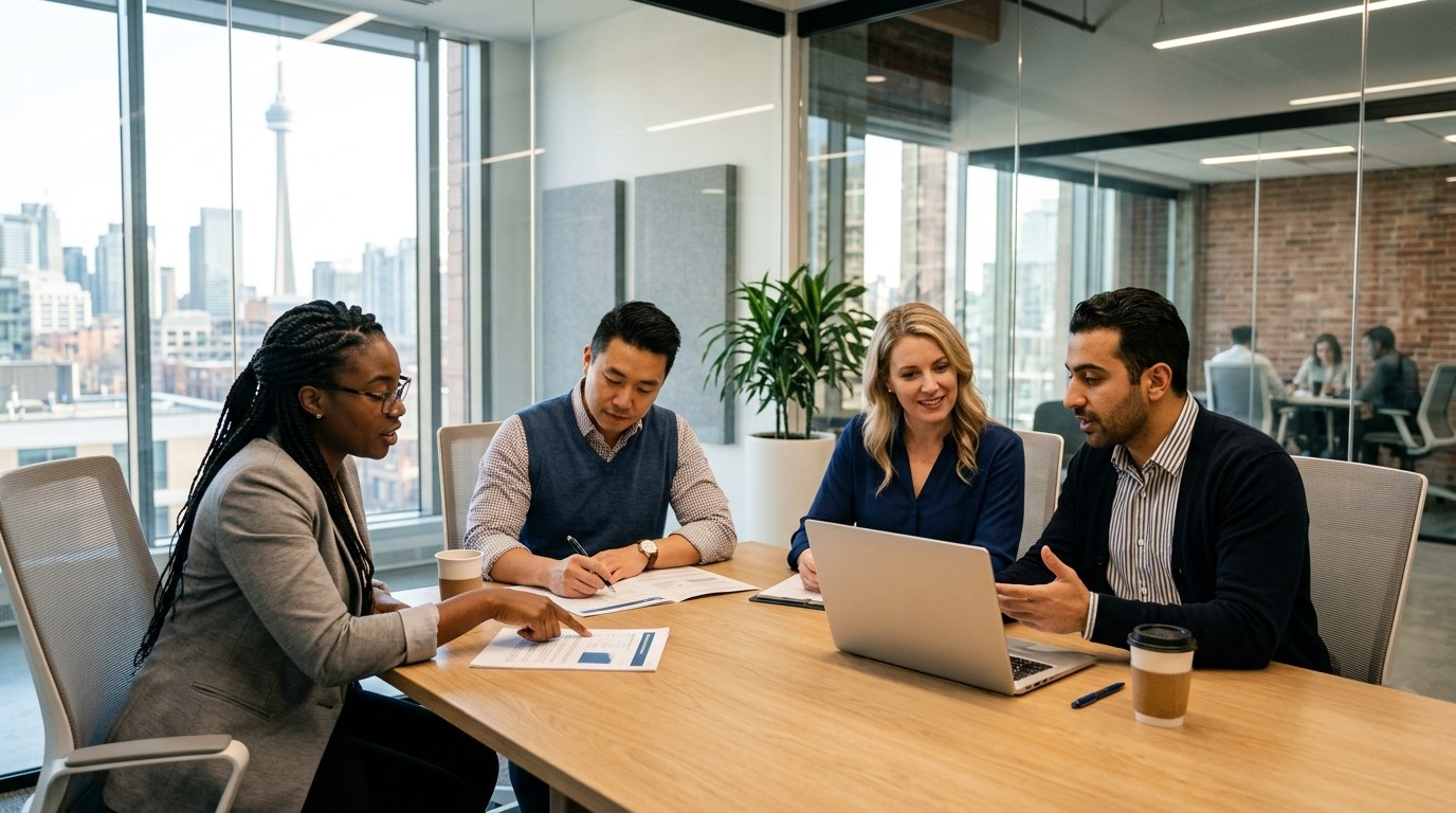 Four compliance professionals reviewing reports around a boardroom table