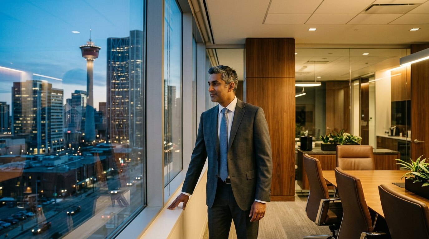 Compliance professional looking out over the Calgary skyline from a corporate office