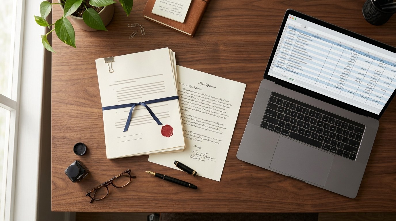 Signed legal opinion and trust documents on a desk beside a laptop showing a financial ledger